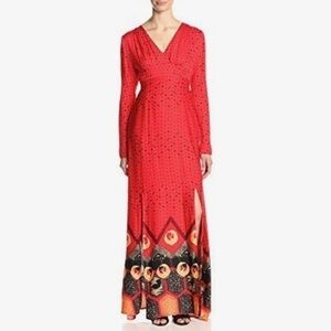 Minkpink Dancing Crane Long Sleeve‎ V-Neck Maxi Dress in Red, Size Medium